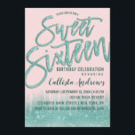 Invitation Fille rose Turquoise Parties scintillant Typograph<br><div class="desc">Cette invitation moderne et girly Sweet 16 est le design parfait pour la fille d'anniversaire chic et tendance. Il présente un joli et glamour faux imprimé aqua turquoise vert brillant parties scintillant séquin et sombre dégradé noir. Il représente également la parties scintillant brillante turquoise, "Sweet sixteen" typographie de coup de...</div>