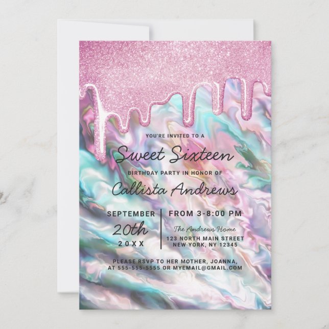 Invitation Fille rose Turquoise perle Opal Parties scintillan (Devant)