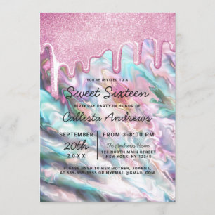 Invitation Fille rose Turquoise perle Opal Parties scintillan