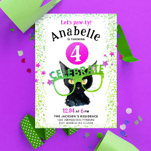 Invitation Fille Rose Vert Chat Noir Paw Parties scintillant