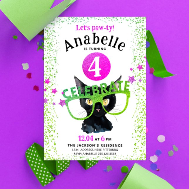 Invitation Fille Rose Vert Chat Noir Paw Parties scintillant  (Créateur téléchargé)