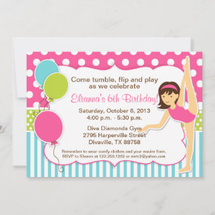 Invitation Fille rose verte et bleue gymnastique avec cheveux