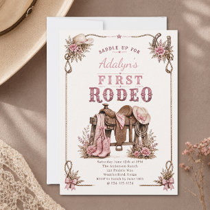Invitation Fille Rose Vintage Premier Rodéo 1er Anniversaire
