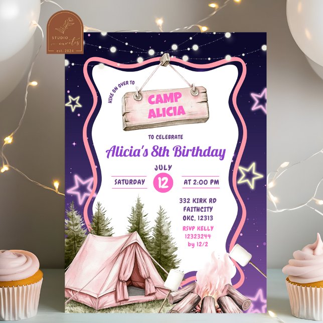 Invitation Fille Rose Violet Camping Anniversaire  (Créateur téléchargé)