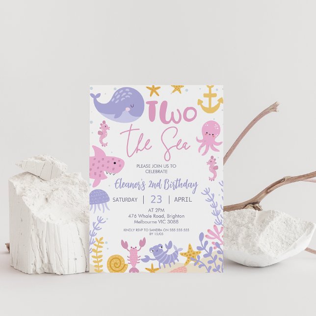 Invitation Fille Rose Violet Jaune Deux Anniversaire Mer (Editable TWO the Sea Girl 2nd Birthday Party Invitation Pink Under the Sea 2nd birthday Invite, Cute)