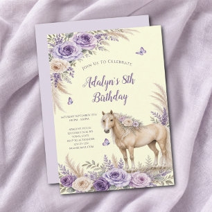 Invitation Fille Rose Violette Jaune Cheval 8ème Anniversaire
