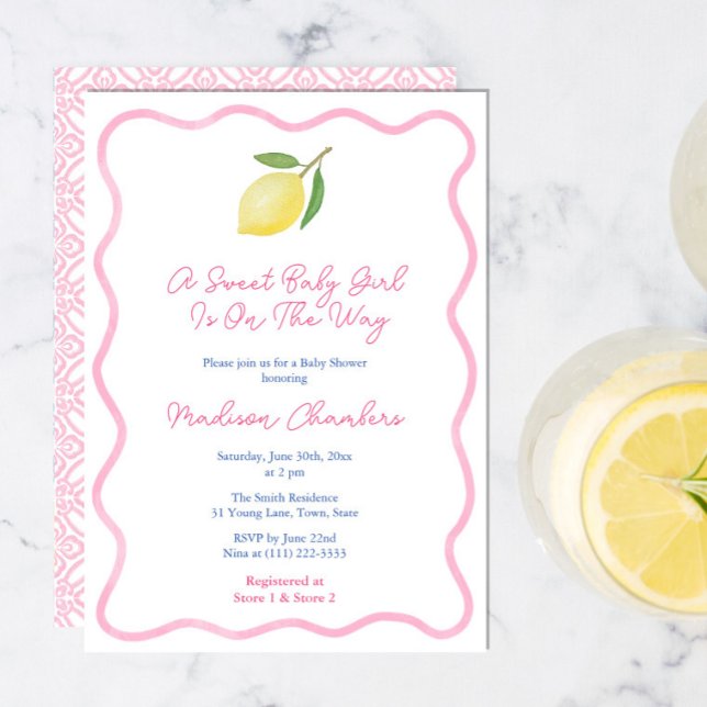 Invitation Fille rose Wavy Line Lemon Sweet Baby Girl Douche (Sweet Baby Girl Pink citrus shower invitation cards with vintage pink tile backer and wavy border)