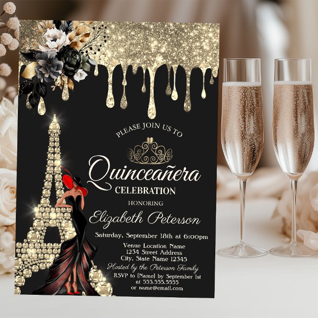Invitation Fille Roses Noires Tour Eiffel Or Dégoulinant  (Créateur téléchargé)