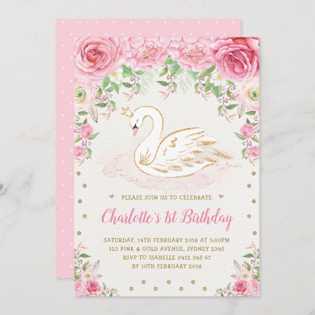 Invitation Fille Roses Roses Roses Roses Swan Princess (Devant / Derrière)