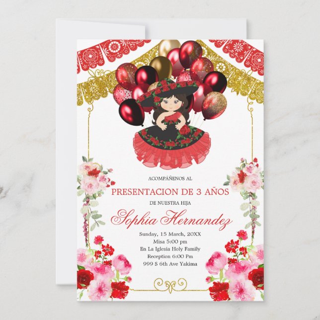 Invitation Fille Rouge et Or Mexicaine Charra Balloon Tres An (Devant)