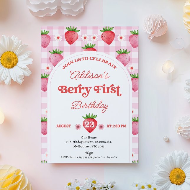 Invitation Fille Rouge Fraise Berry Sweet 1er anniversaire (Modern Strawberry Berry First Birthday Invitation Template, Girls Berry 1st Birthday Invitation,)