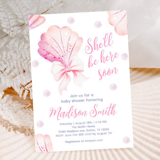 Invitation Fille Ruban Rose Coquillage Baby Shower