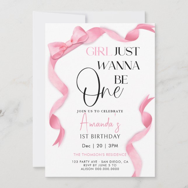 Invitation Fille ruban rose élégant anniversaire  (Devant)