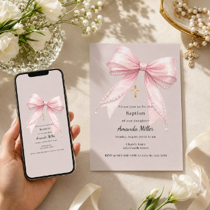 Invitation Fille ruban rose perles taupe Baptême