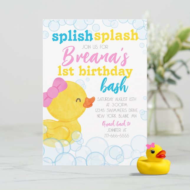 Invitation Fille Rubber Canard Splish Splash Anniversaire (Girl Rubber Duck 1st Birthday Party Invites. Available printed with envelopes or digital download)