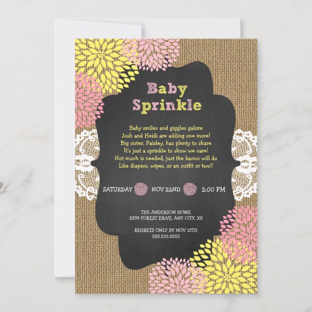 Invitation Fille rustique chic baby sprinkle / toile de jute  (Devant)