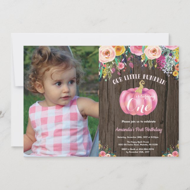 Invitation Fille rustique Citrouille Premier Anniversaire Flo (Devant)