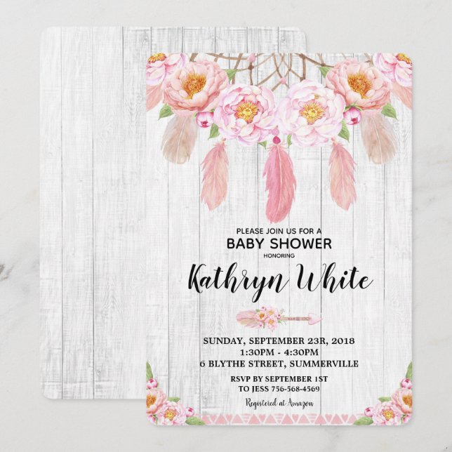 Invitation Fille rustique florale d'invitation de baby shower (Devant / Derrière)