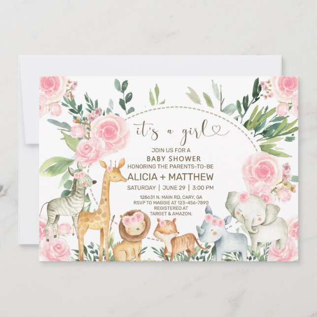 Invitation Fille safari animaux baby shower invitation, roses (Devant)