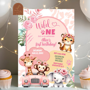 Invitation Fille Safari Animaux Wild Un premier anniversaire