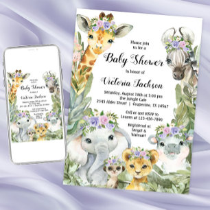 Invitation Fille Safari Baby shower violet Floral