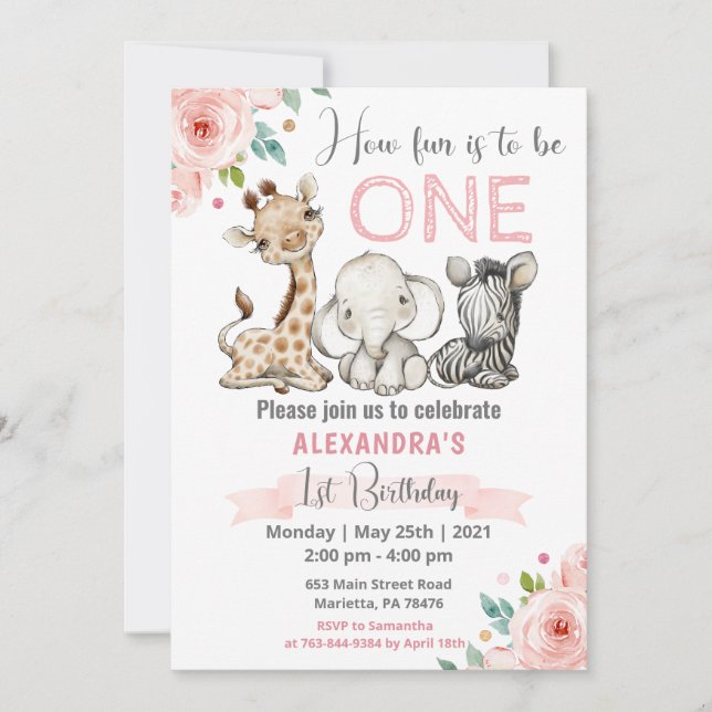 Invitation Fille Safari Bébé Animaux 1er Anniversaire Invitat (Devant)