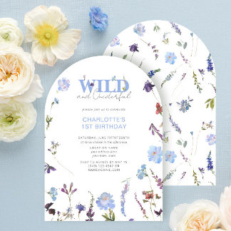 Invitation Fille sauvage 1er anniversaire Blue Floral Inv