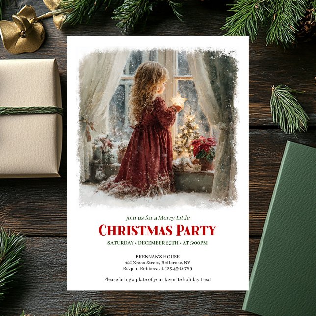 Invitation Fille sereine attend l'invitation de Noël éditable (Serene girl awaits Santa editable Christmas invitation)