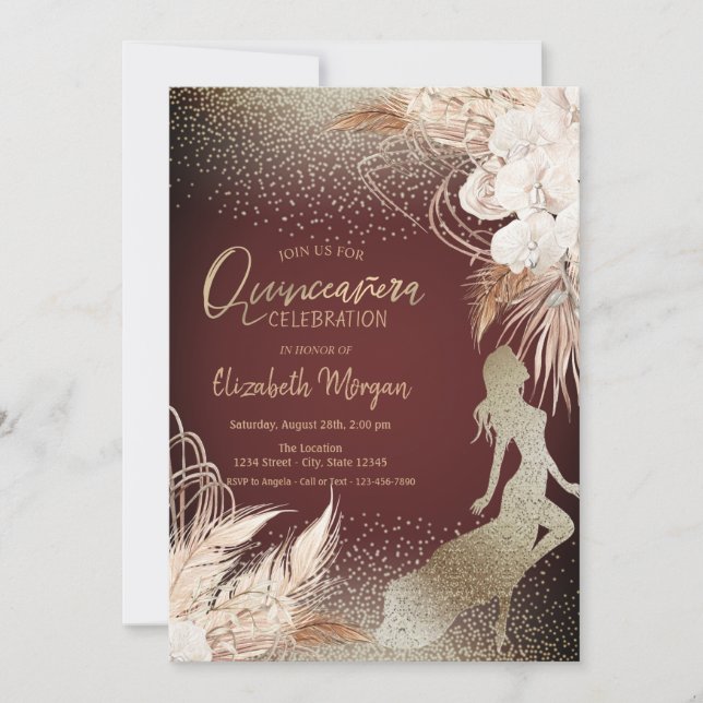 Invitation Fille Silhouette, Floral Boho Fleurs Pampas Grass (Devant)