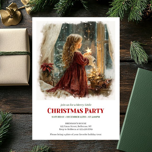 Invitation Fille simple attend l'invitation de Noël éditable  (Simple girl awaits Santa editable Christmas invite)