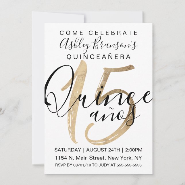 Invitation Fille Simple Blanc Or Huile Quinceañera (Devant)