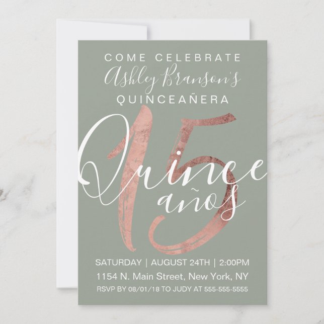 Invitation Fille Simple Sage Vert Rose Gold Foil Quinceañera (Devant)