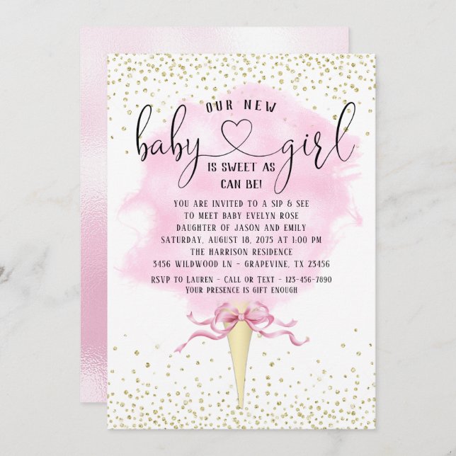 Invitation Fille Sip et voir le Baby shower de bonbons en cot (Devant / Derrière)