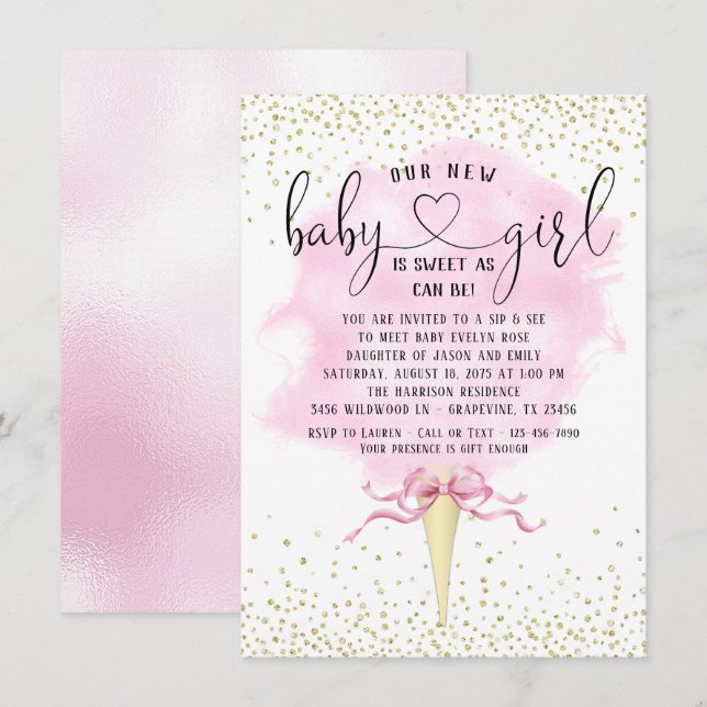 Invitation Fille Sip Voir Pink Gold Cotton Baby shower de bon (Devant / Derrière)