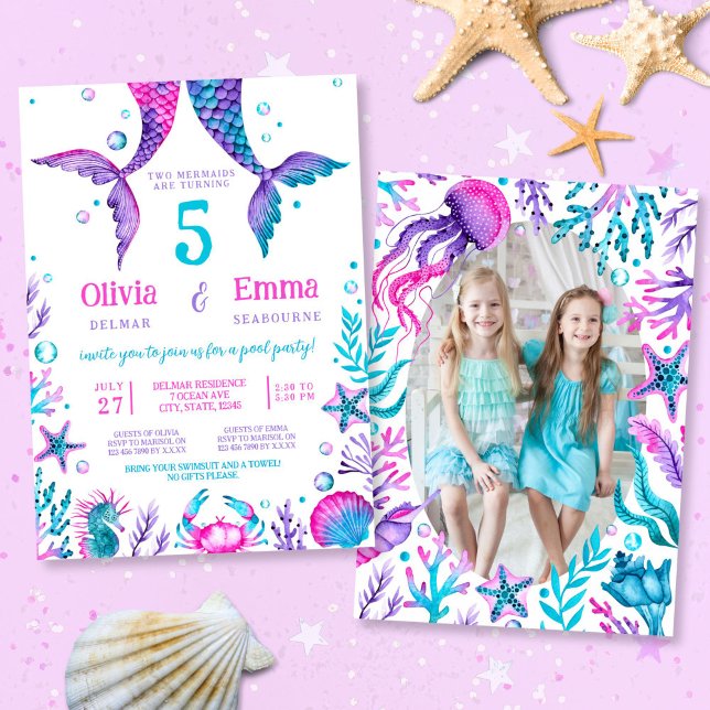 Invitation Fille Sirène Amis de la fête d'anniversaire conjoi (Mermaid Girl Friends Joint Birthday Party Photo Invitation)