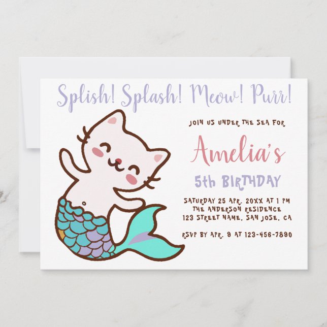 Invitation Fille sirène chat Anniversaire Meowmaid Purrmaid S (Devant)