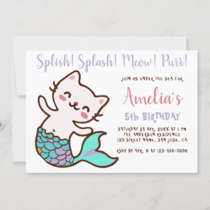 Invitation Fille sirène chat Anniversaire Meowmaid Purrmaid S