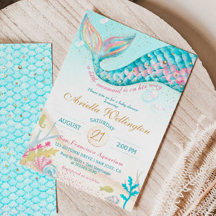 Invitation Fille Sirène lunaire Baby shower Turquoise Or rose