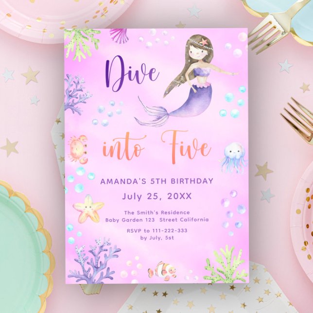 Invitation Fille Sirène Plonge Dans Cinq 5ème Fête d'Annivers (Créateur téléchargé)