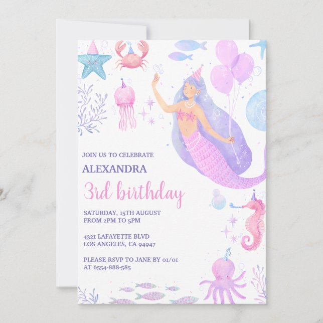 Invitation Fille sirène sous la mer 3ème anniversaire (Devant)