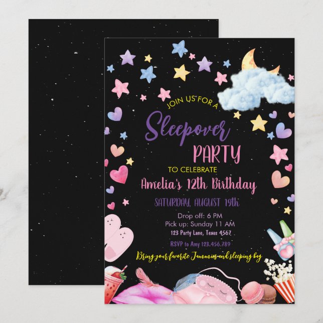 Invitation Fille Sleepover Ado Fête Enfants Stwood Anniversai (Devant / Derrière)
