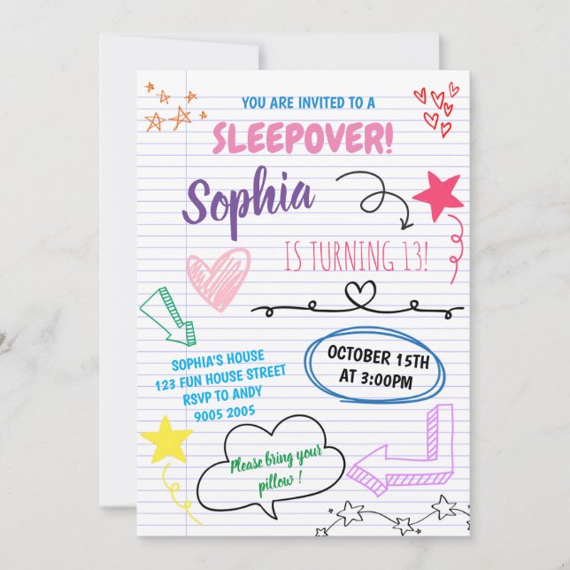 Invitation Fille Sleepover Ado Fête Enfants Stwood Anniversai (Devant)