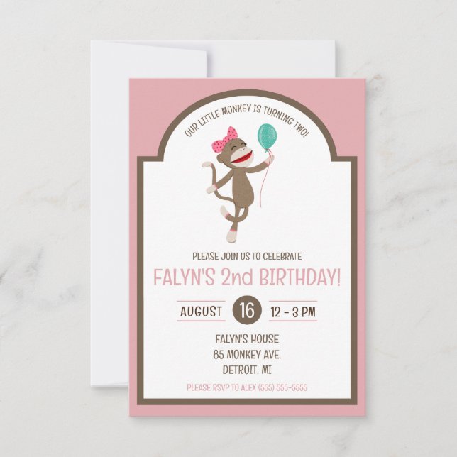Invitation Fille Sock Singe avec Balloon fête d'anniversaire (Devant)