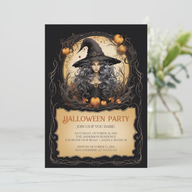 Invitation Fille sorcière Halloween gothique (Debout devant)