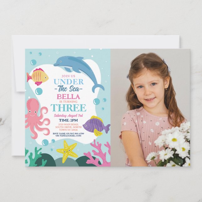 Invitation Fille sous la mer TROIS dauphin océan Photo 3ème (Devant)