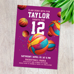 Invitation Fille sportive cool basket violet rose anniversair