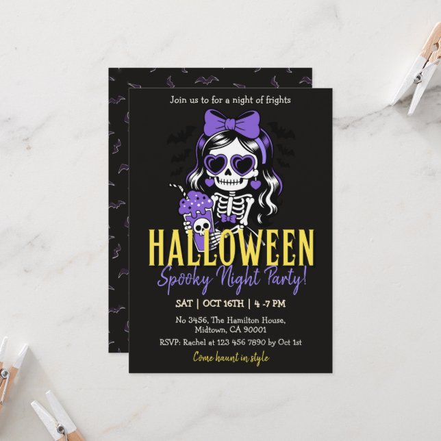 Invitation Fille squelette Halloween Soirée effrayante Fête V (Devant/Arrière en situation)