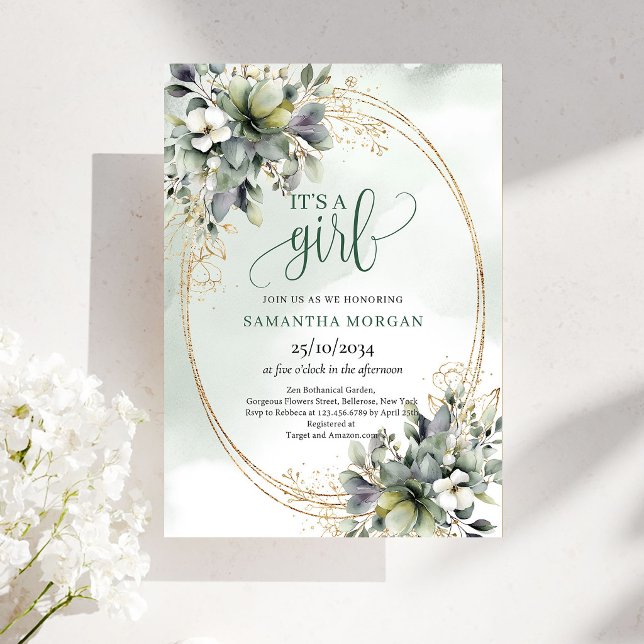 Invitation Fille Style Aquarelle Vert Blanc (Watercolor Green White Style It’s A Girl Invitation)