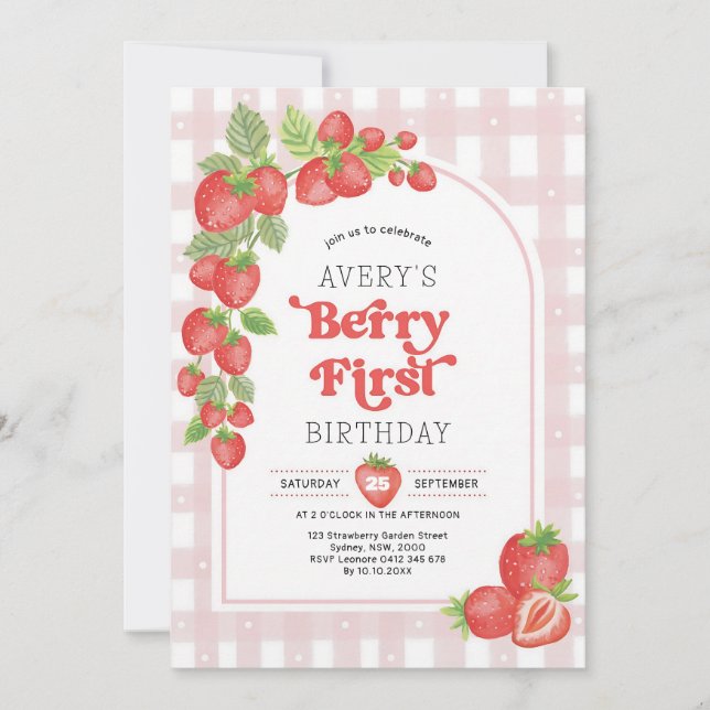 Invitation Fille Sucrée aux Fraises 1er Anniversaire (Devant)