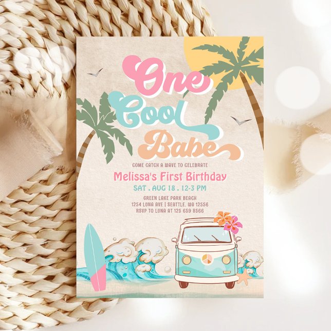 Invitation Fille super cool rose menthe faisant du surf pour  (Créateur téléchargé)